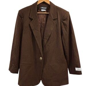 NWT Chocolate Brown 100% Wool 1-Button Women's Blazer Size 16 City Career